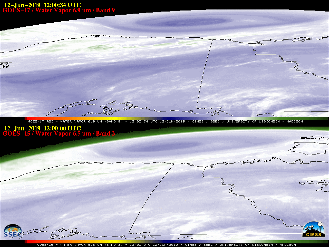 GOES-17 Mid-leve Water Vapor (6.9 µm, top) and GOES-15 Water Vapor (6.5 µm. bottom) imagess [click to play animation | MP4]