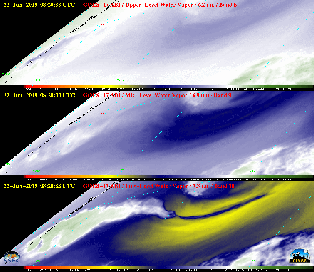 Water Vapor images from GOES-17: Upper-level (6.2 µm, top), Mid-level (6.9 µm, middle) and Low-level (7.3 µm, bottom) [click to play animation | MP4]