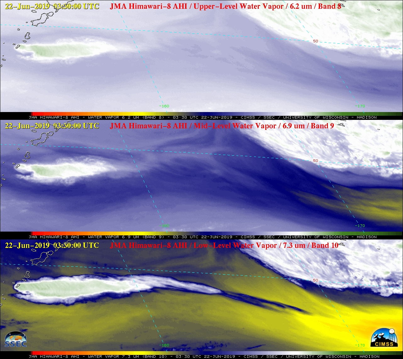Water Vapor images from Himawari-8: Upper-level (6.2 µm, top), Mid-level (6.9 µm, middle) and Low-level (7.3 µm, bottom) [click to play animation | MP4]