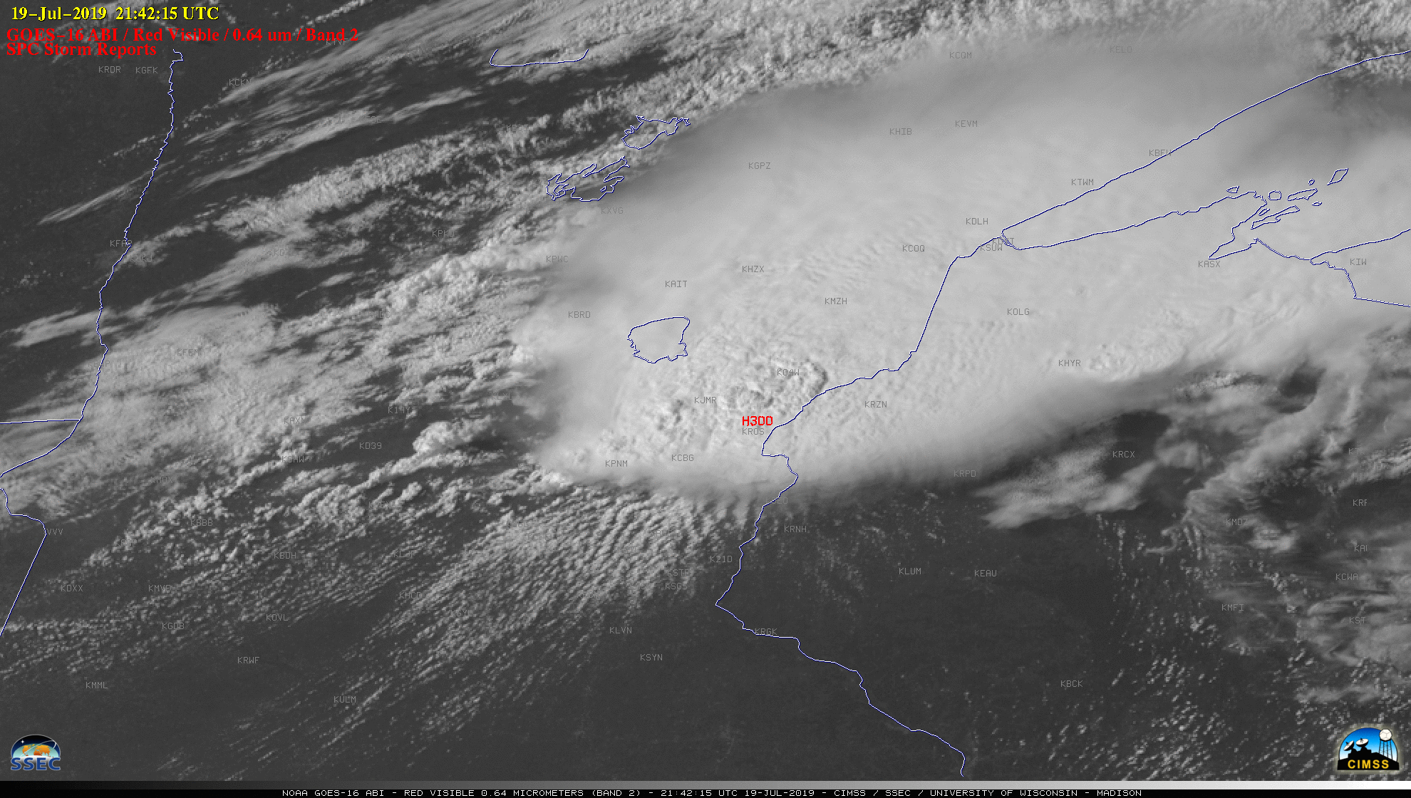 GOES-16 "Red" Visible (0.64 µm) images, with SPC Storm Reports plotted in red [click to play MP4 animation]