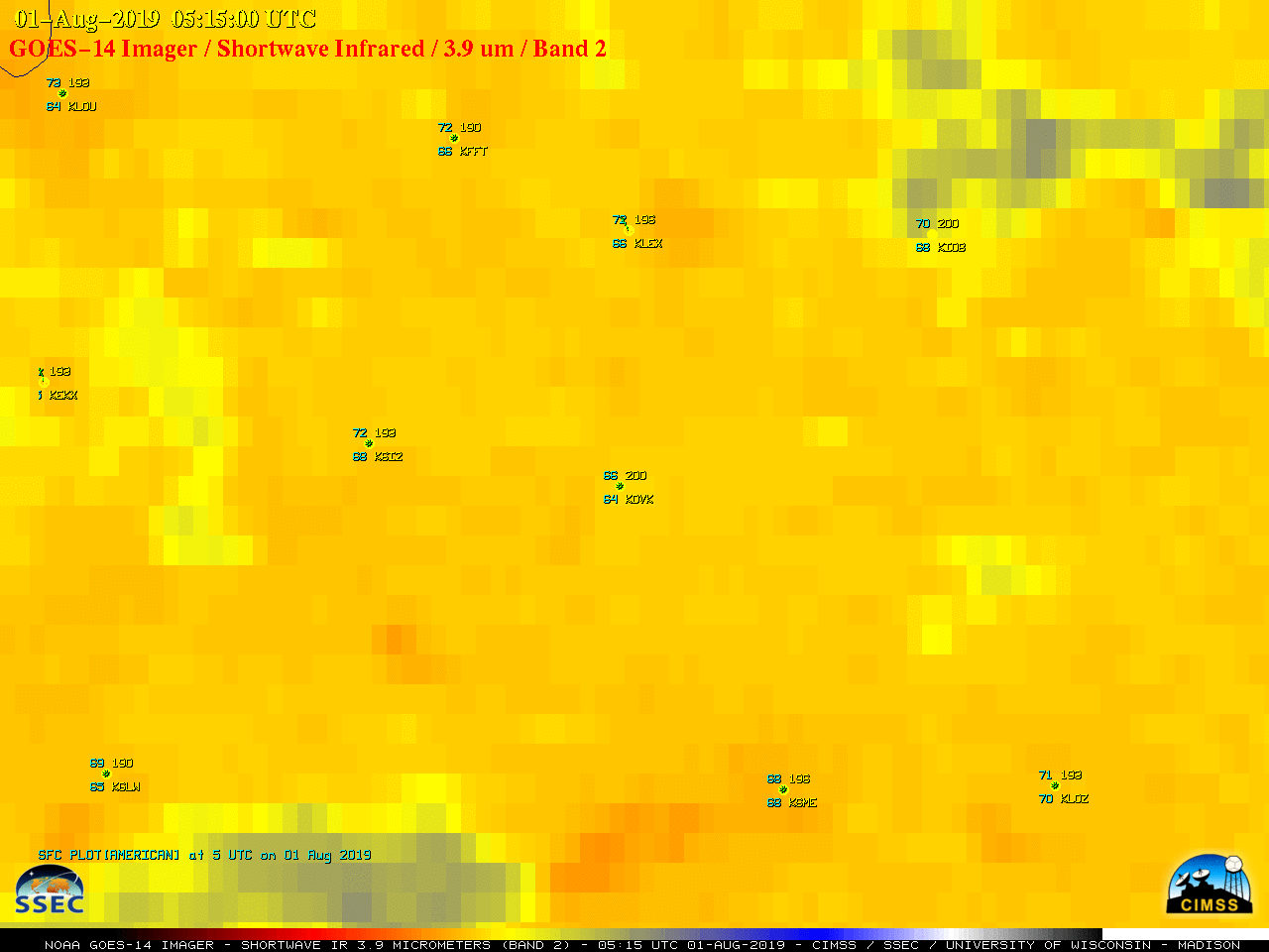 GOES-14 Shortwave Infrared (3.9 µm) images [click to enlarge]