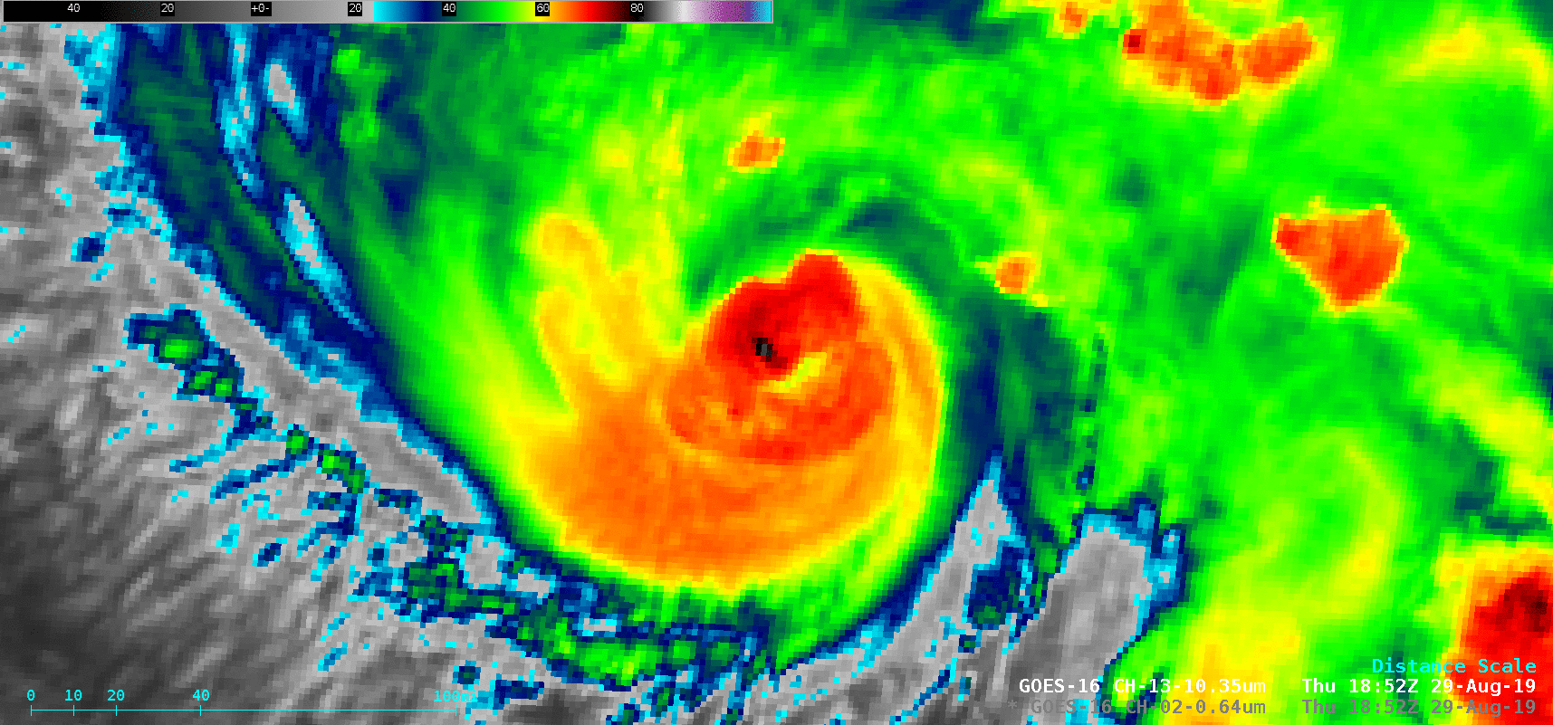 GOES-16 “Clean” Infrared Window (10.35 µm) image at 1853 UTC, with and without an overlay of GLM Flash Extent Density [click to enlarge]