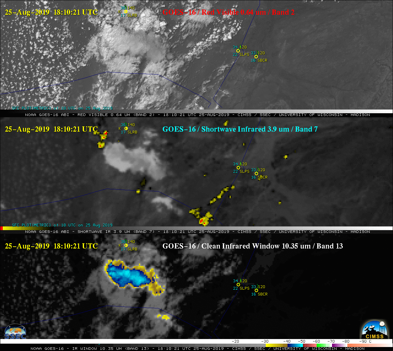 GOES-16 “Red” Visible (0.64 µm, top), Shortwave Infrared (3.9 µm, middle) and “Clean” Infrared Window (10.35 µm, bottom) images [click to play animation | MP4]