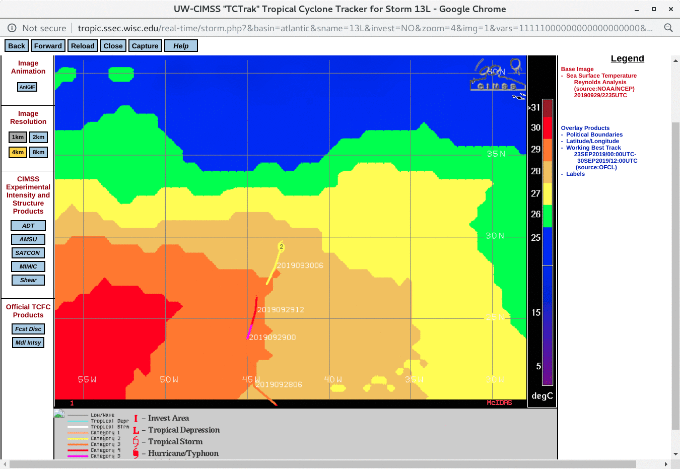 Sea Surface Temperature and Ocean Heat Content on 29 September, with a plot of the track/intensity of Lorenzo [click to enlarge]