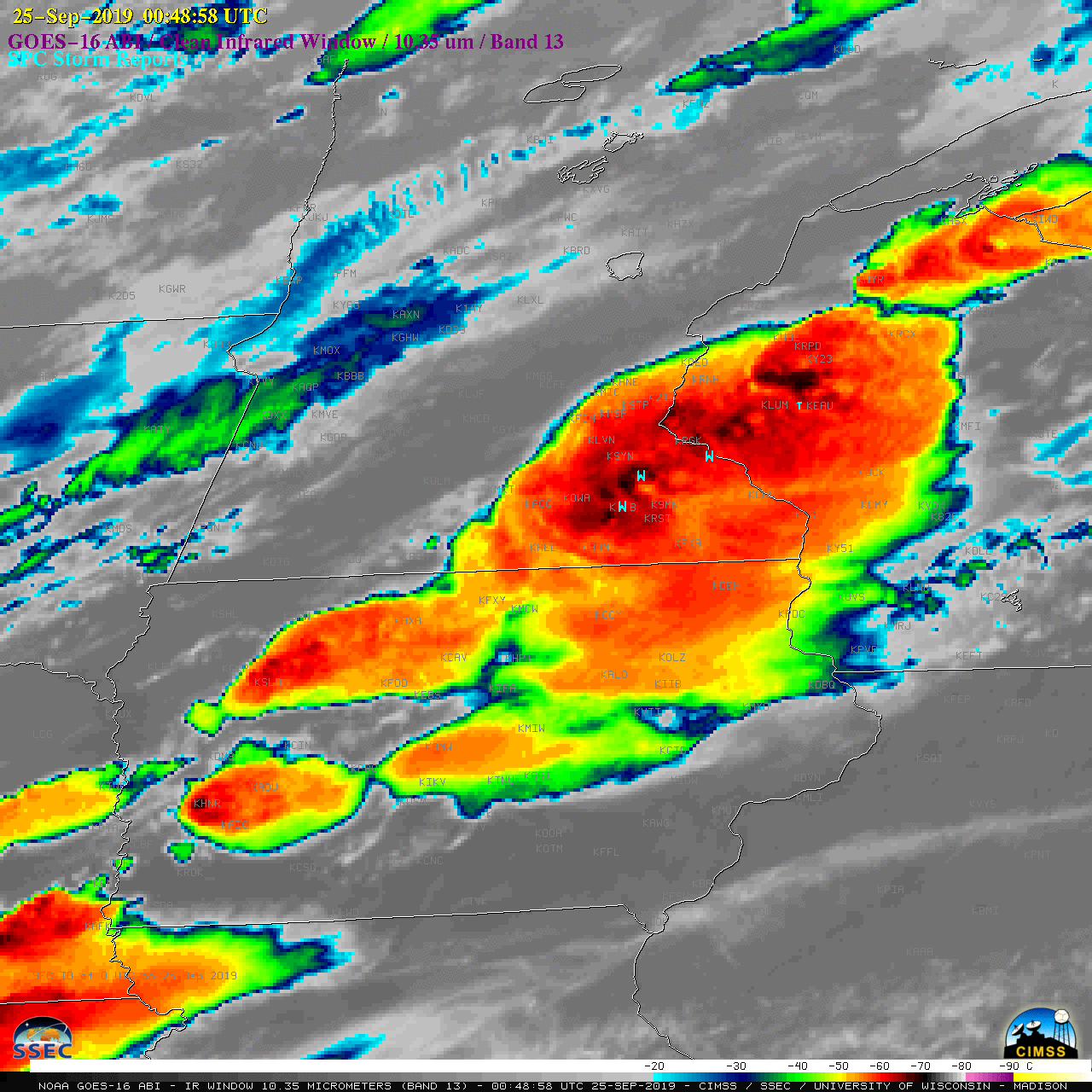 GOES-16 “Clean” Infrared Window (10.35 µm) images, with SPC Storm Reports plotted in cyan [click to play animation | MP4]