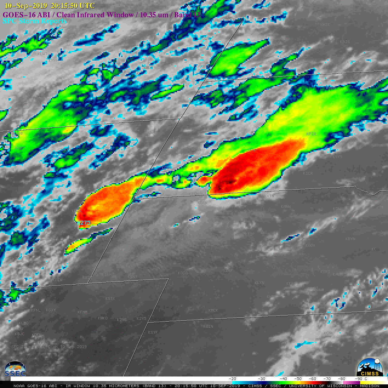 GOES-16 "Clean" Infrared Window (10.35 µm) images, with SPC Storm Reports plotted in cyan [click to play animation | MP4]