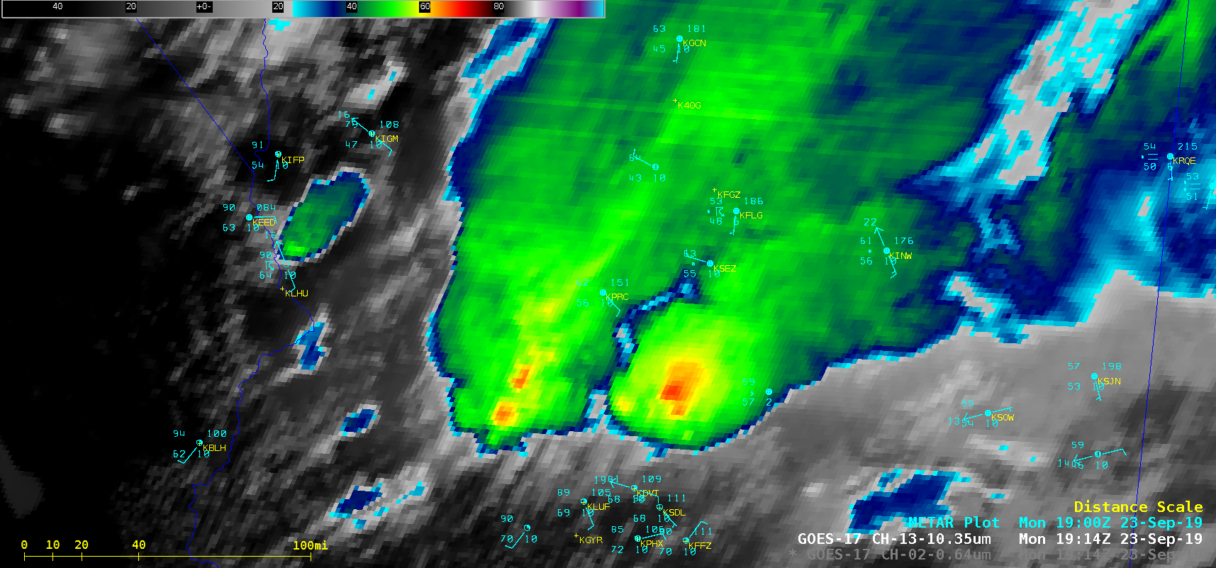 GOES-17 “Clean” Infrared Window (10.35 µm) images, with surface reports plotted in cyan [click to play animation | MP4]