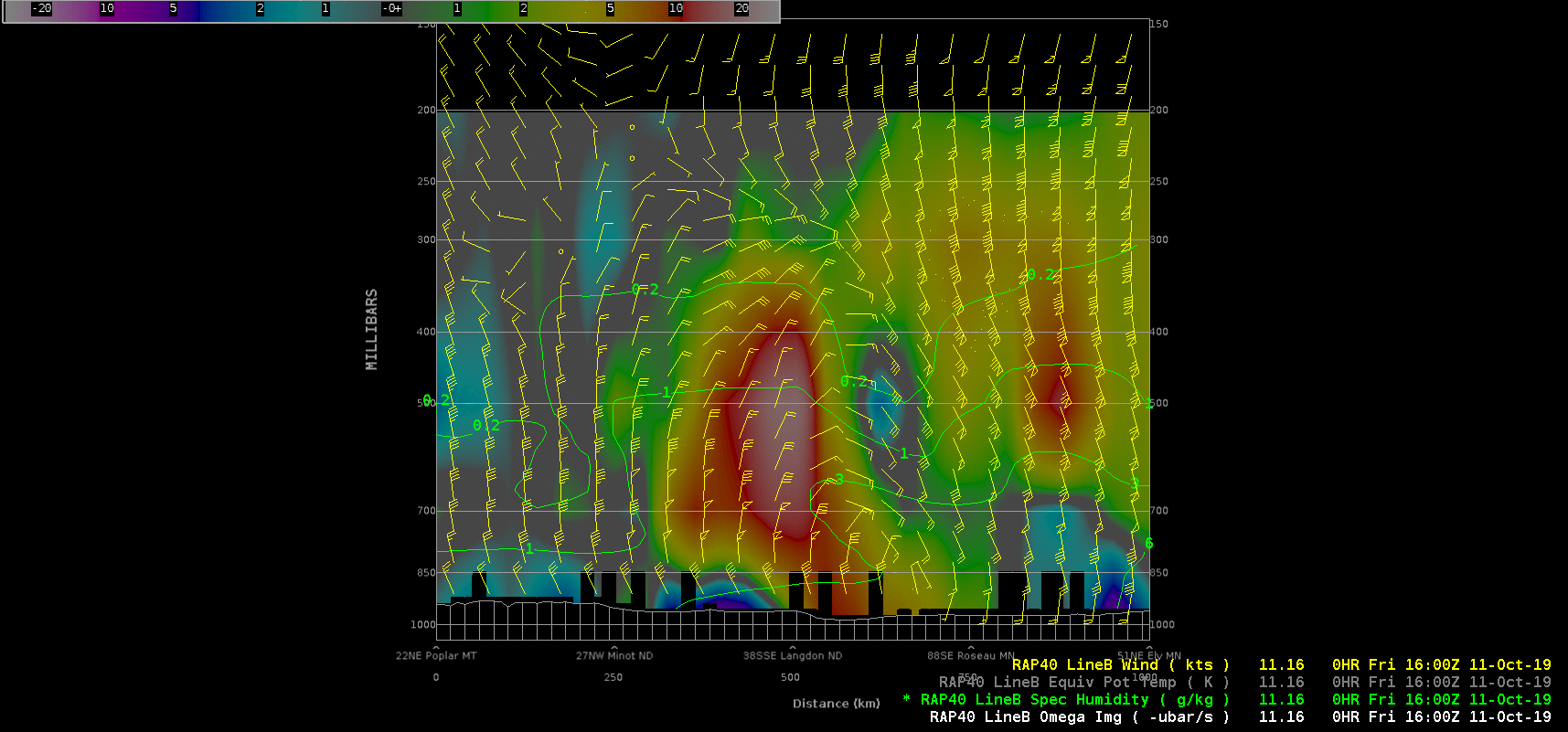 Cross section of RAP40 model fields along Line B-B' at 16 UTC [click to enlarge]