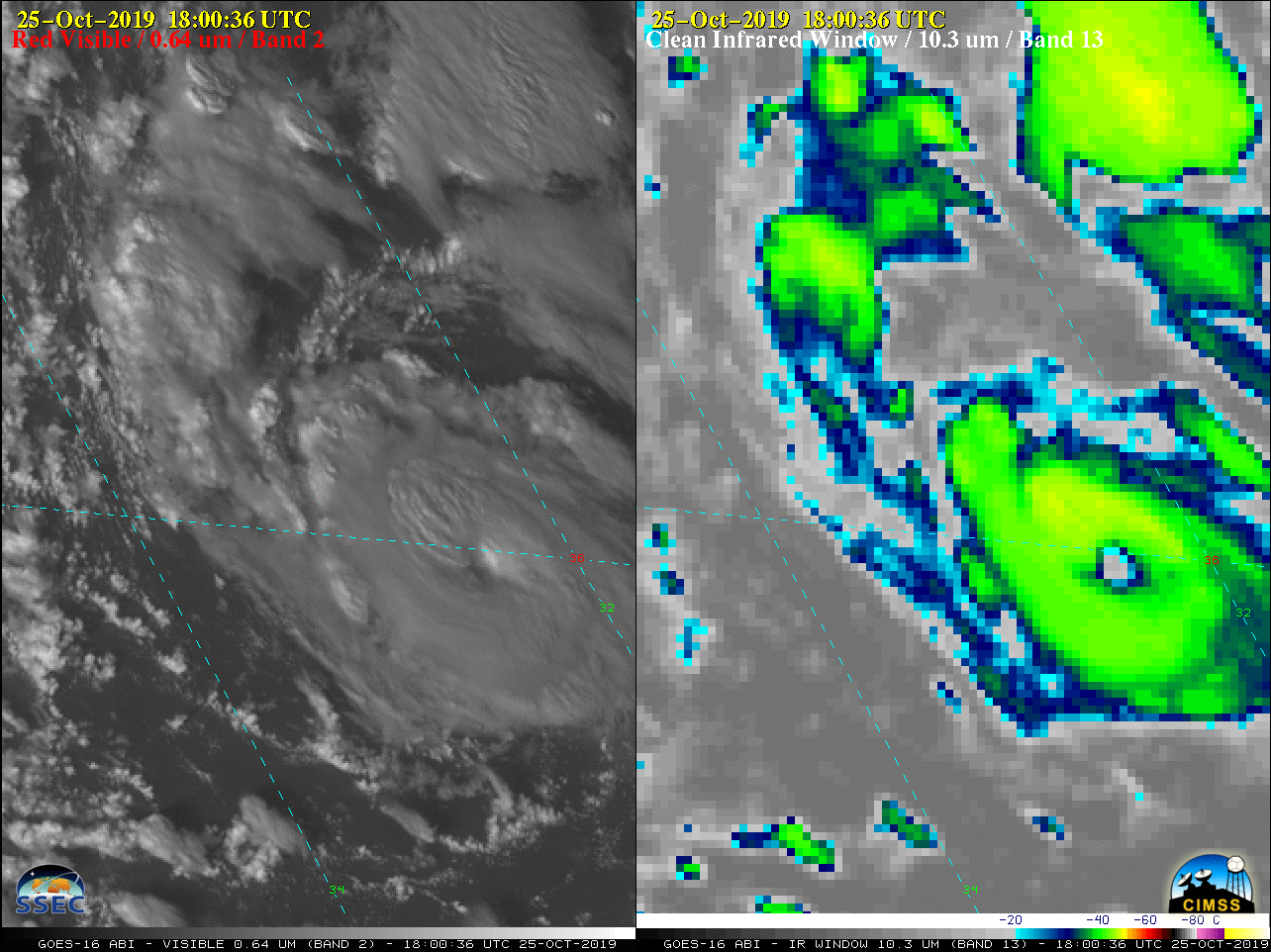 GOES-16 “Red” Visible (0.64 µm, left) and “Clean” Infrared Window (10.3 µm, right) images [click to play animation | MP4]