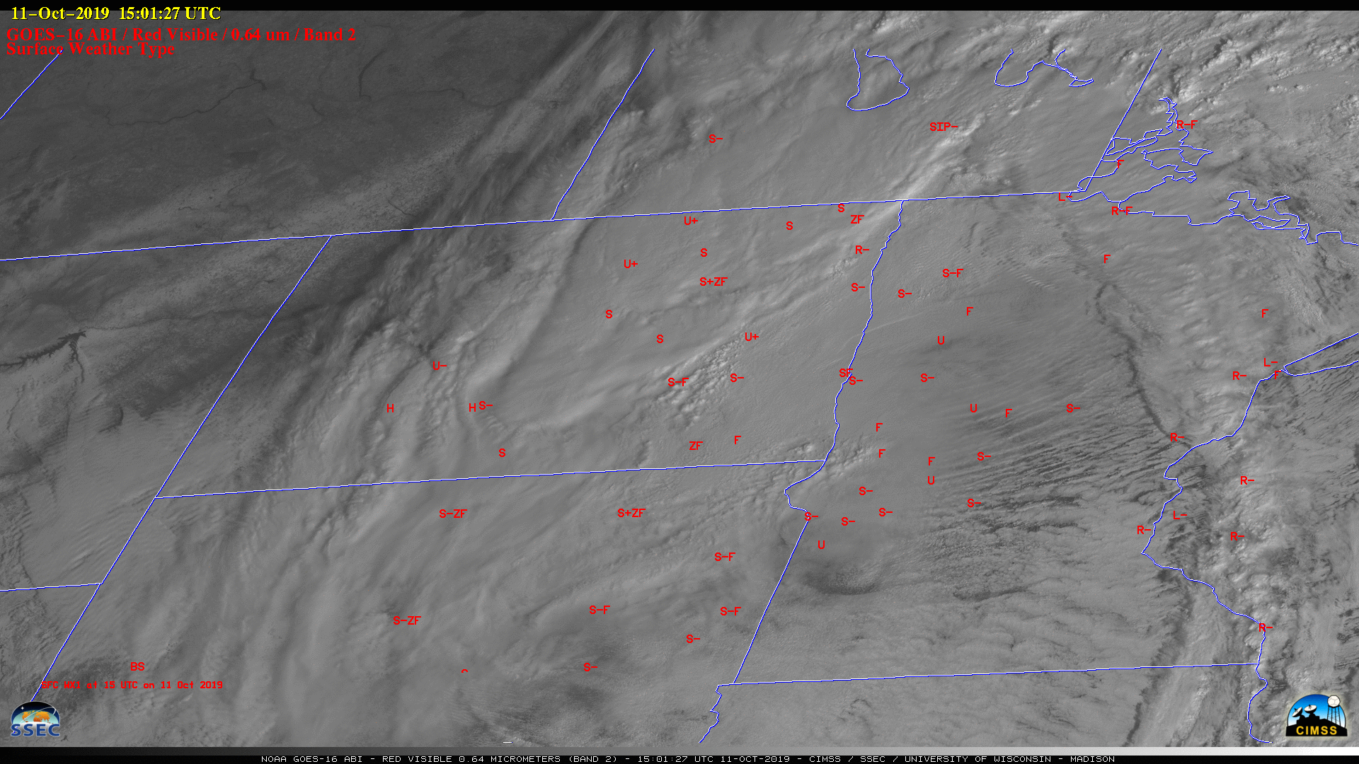 GOES-16 "Red" Visible (0.64 µm) images on 10/11/12 October, with hourly precipitation type plotted in red [click to play animation | MP4]