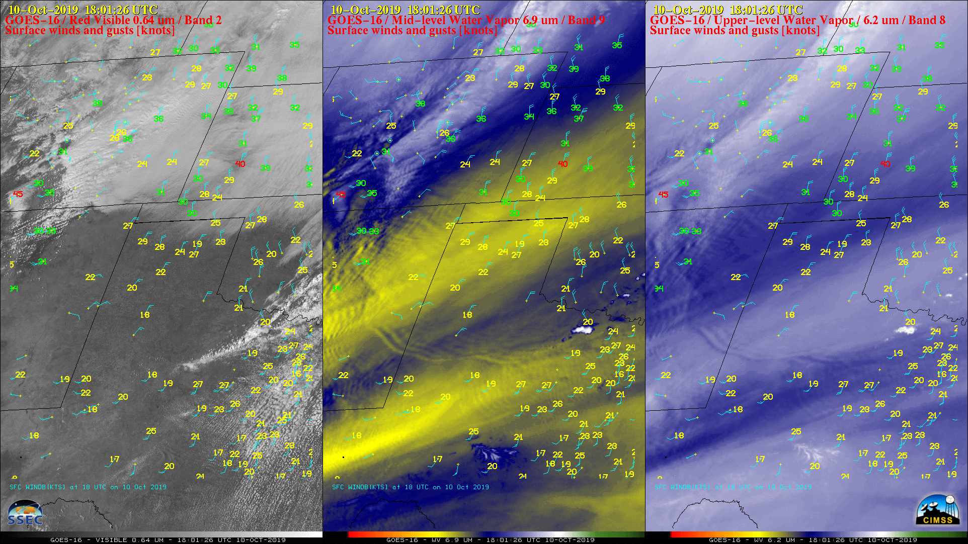GOES-16 "Red" Visible (0.64 µm, left), Mid-level Water Vapor (6.9 µm, center) and Upper-level Water Vapor (6.2 µm, right) images, with plots of surface wind barbs and gusts in knots [click to play animation | MP4]
