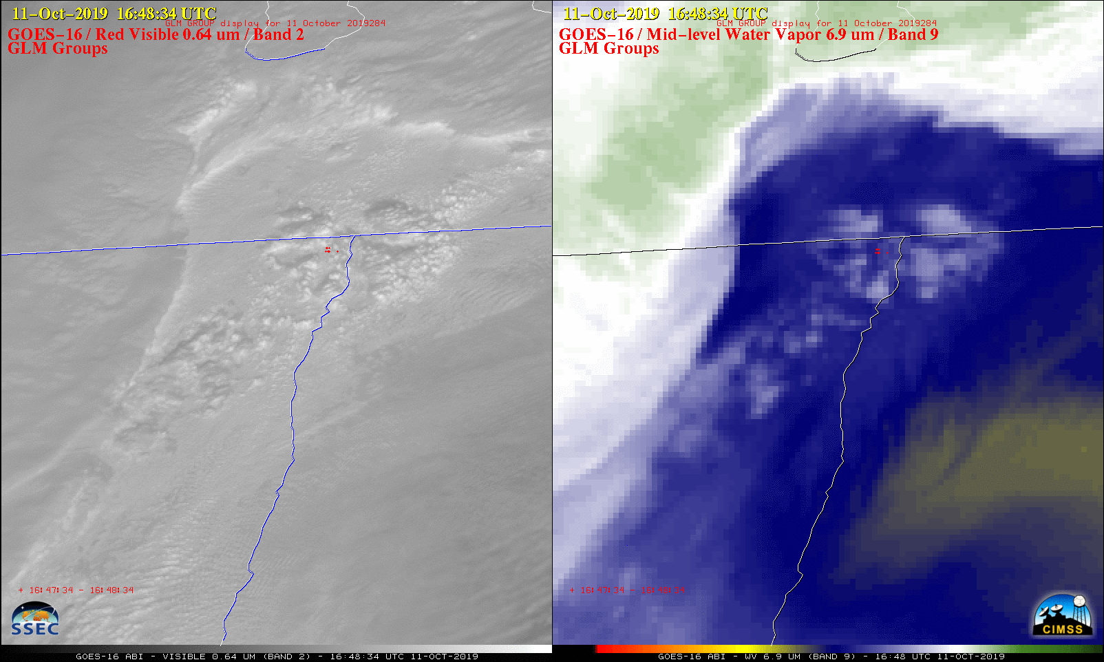 GOES-16 "Red" Visible (0.64 µm, left) and Mid-level Water Vapor (6.9 µm, right) images, with GLM Groups plotted in red [click to play animation | MP4]