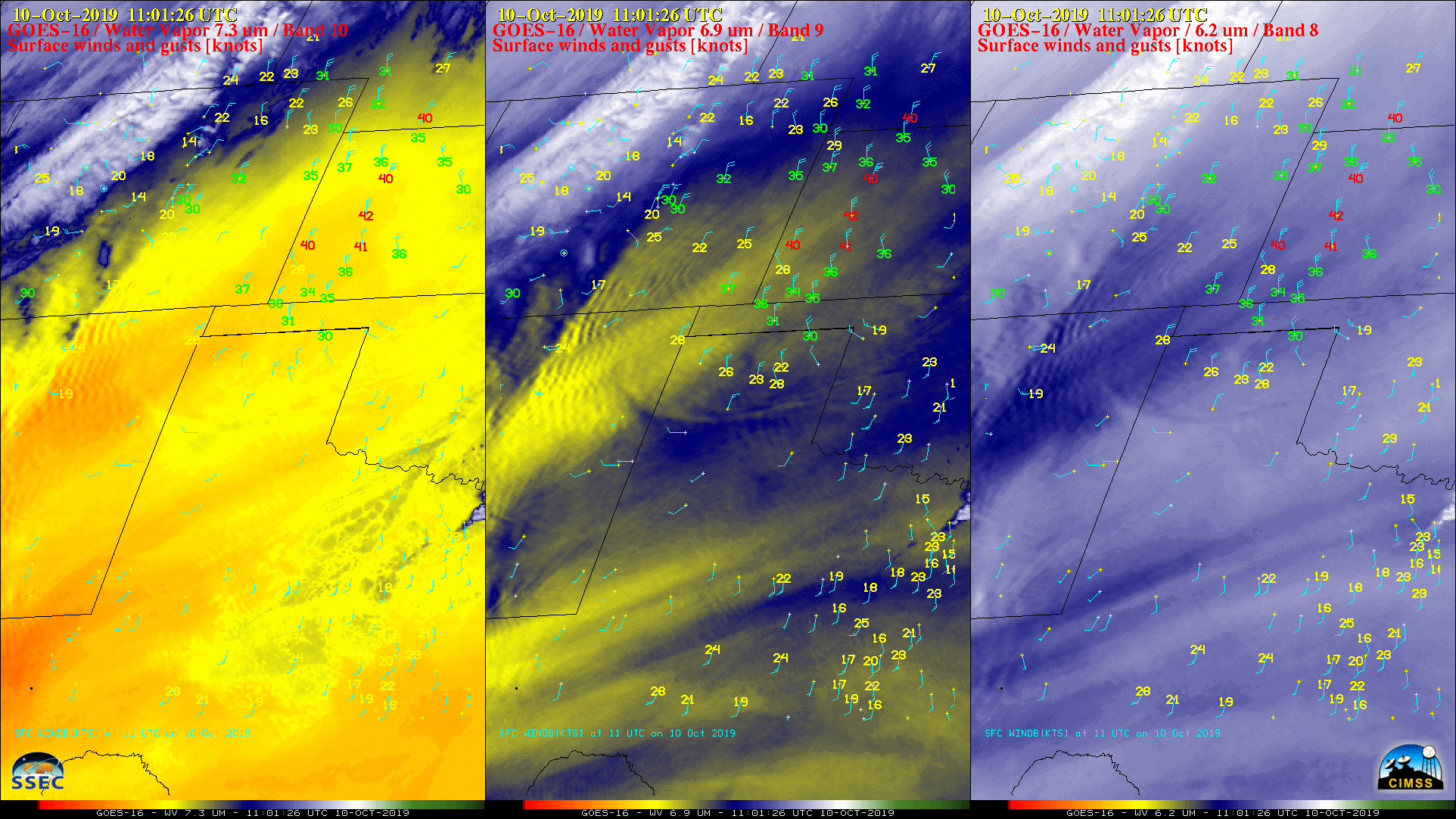 GOES-16 Low-level (7.3 µm, left), Mid-level (6.9 µm, center) and Upper-level (6.2 µm, right) Water Vapor images, with plots of surface wind barbs and gusts in knots [click to play animation | MP4]
