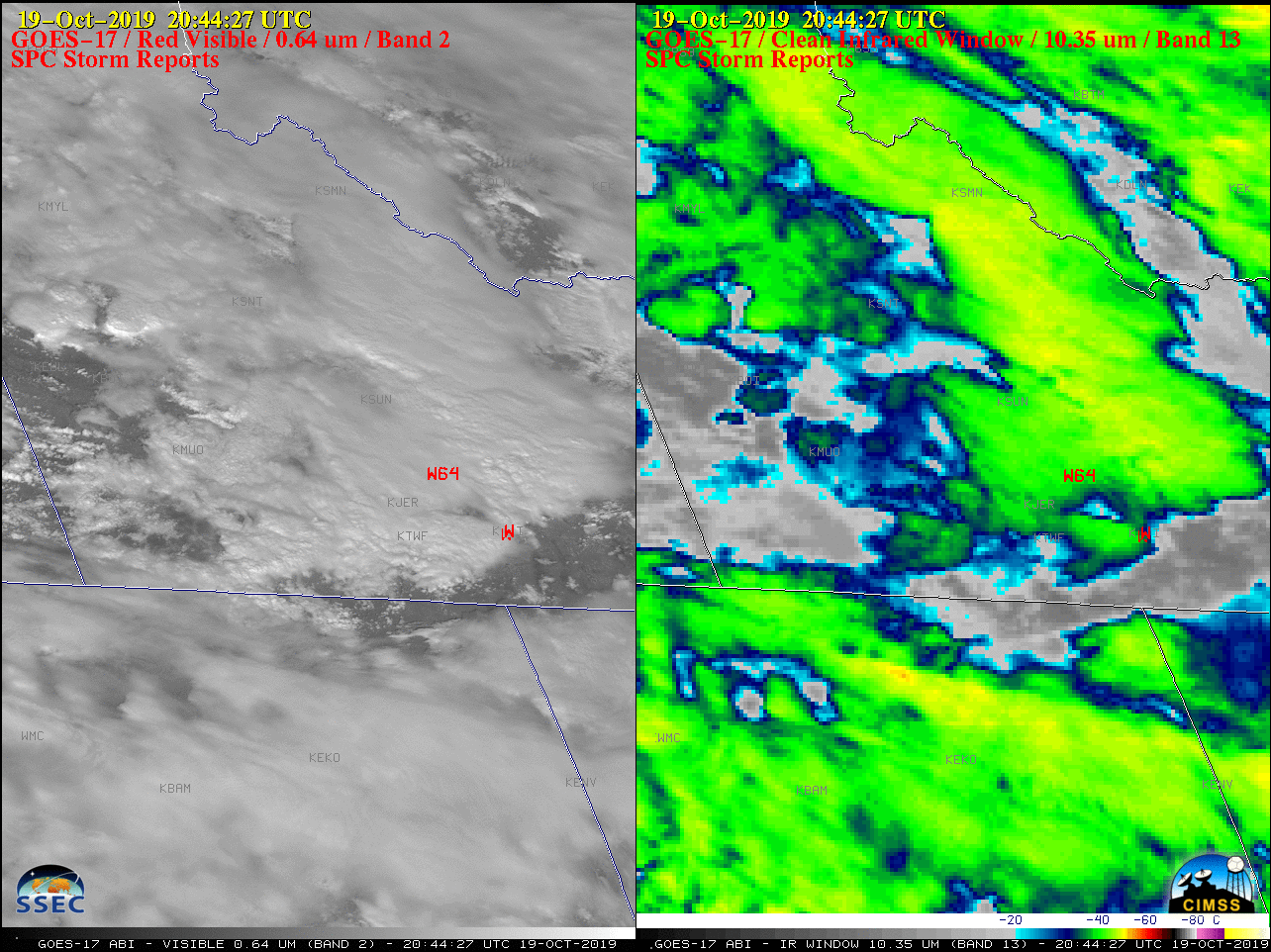 GOES-17 “Red” Visible (0.64 µm, left) and "Clean" Infrared Window (10.35 µm, right) images, with SPC Storm Reports plotted in red [click to play animation | MP4]