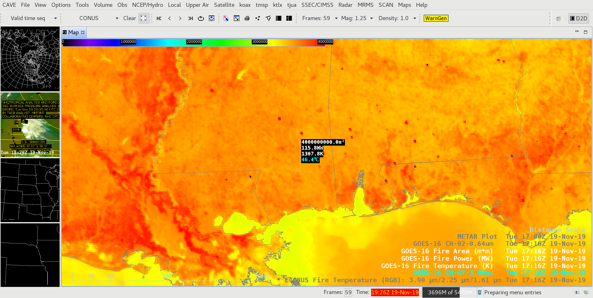 GOES-16 Shortwave Infrared (3.9 µm), Fire Temperature, Fire Power and Fire Area values at 1716 UTC [click to enlarge]