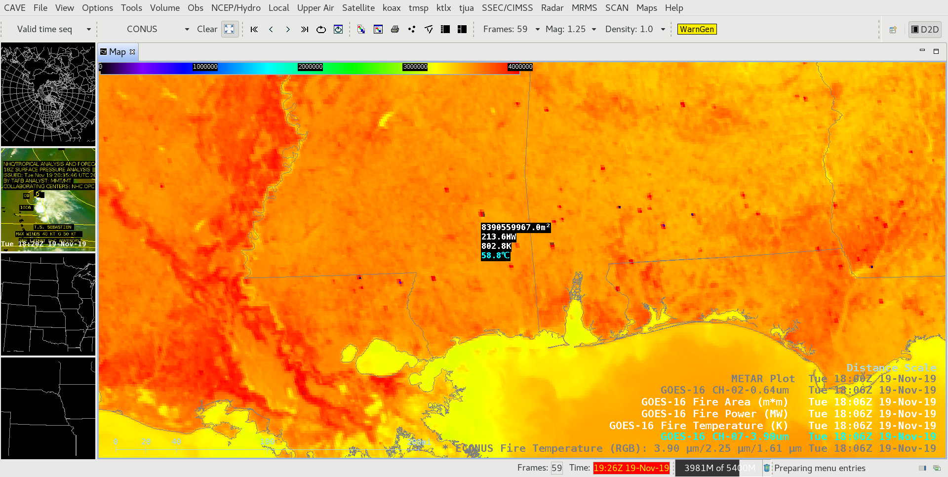 GOES-16 Shortwave Infrared (3.9 µm), Fire Temperature, Fire Power and Fire Area values at 1806 UTC [click to enlarge]
