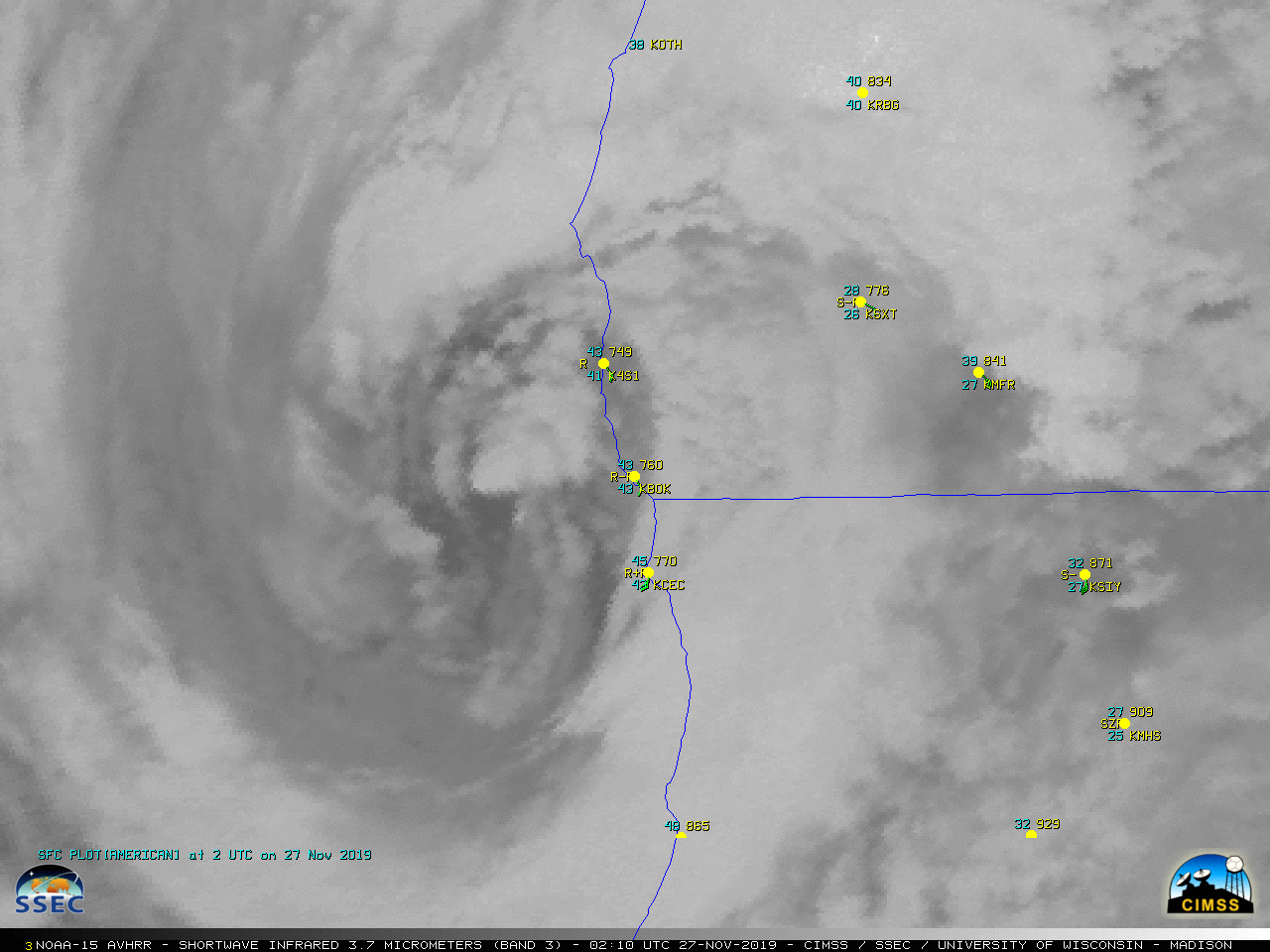 NOAA-15 AVHRR Shortwave Infrared (3.7 µm) image at 0217 UTC [click to enlarge]