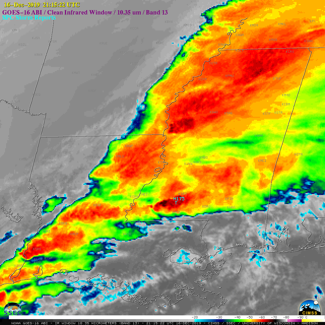 GOES-16 "Clean" Infrared Window (10.35 um), with SPC Storm Reports plotted in cyan [click to play animation | MP4]