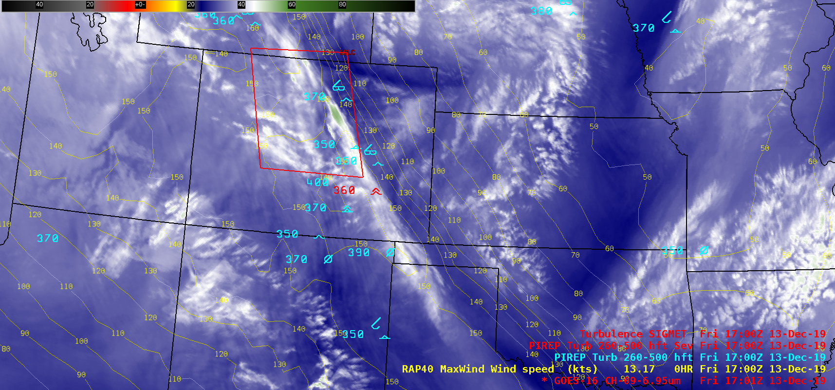 GOES-16 Mid-level (6.9 µm) Water Vapor images, with plots of Pilot Reports of turbulence (cyan and red), Turbulence SIGMETS (red boxes) and RAP40 model isotachs of maximum wind (yellow) [click to play animation | MP4] 