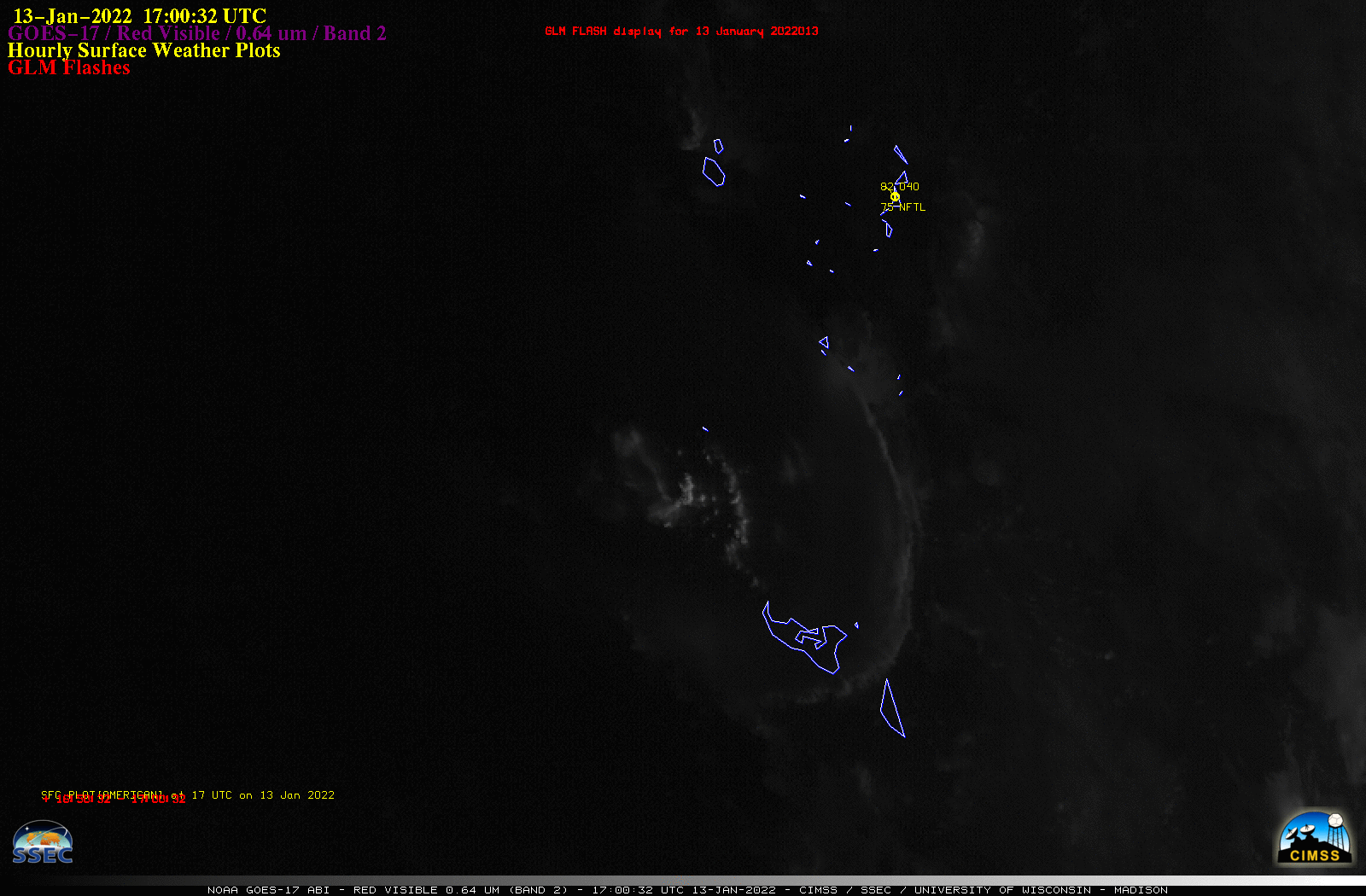 GOES-17 Visible (0.64 µm) imagery, 1700 UTC 13 January – 0010 UTC 14 January 2022